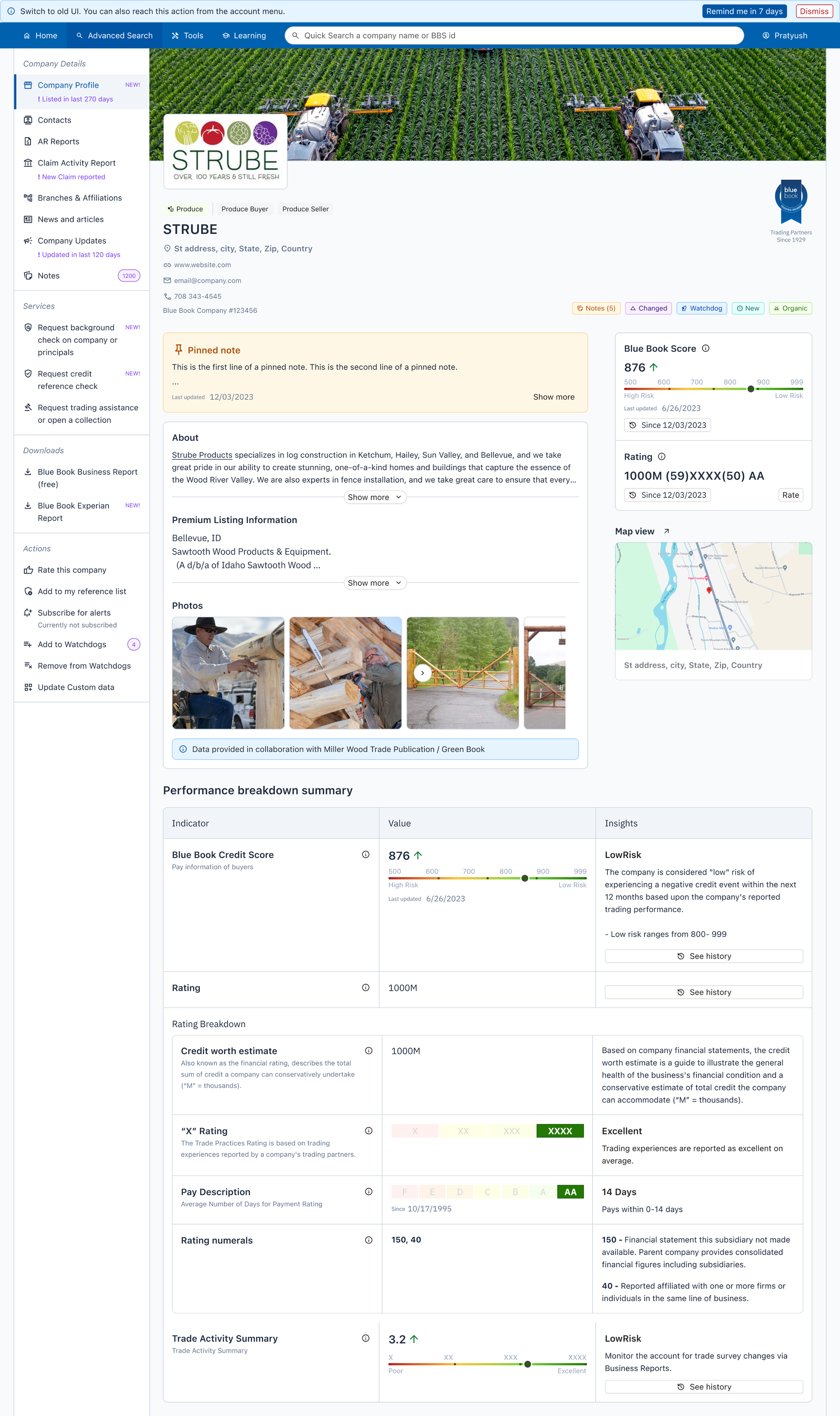 Screenshot of the redesigned Blue Book Services company profile page, showing a modernized UI with a new color palette, typography, and layout. The page features a prominent hero image, a clear value proposition, and easy-to-navigate sections for products, pricing, and resources.